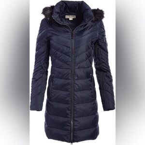 MICHAEL KORS Women Navy Blue DOWN Puffer Hooded Winter Coat Faux Fur Size small